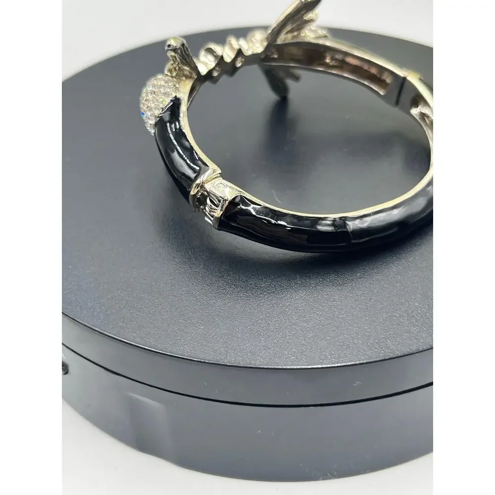 Rhinestone‎ Pave Bumblebee Black Enamel Gold Hinged Cuff Large Vintage